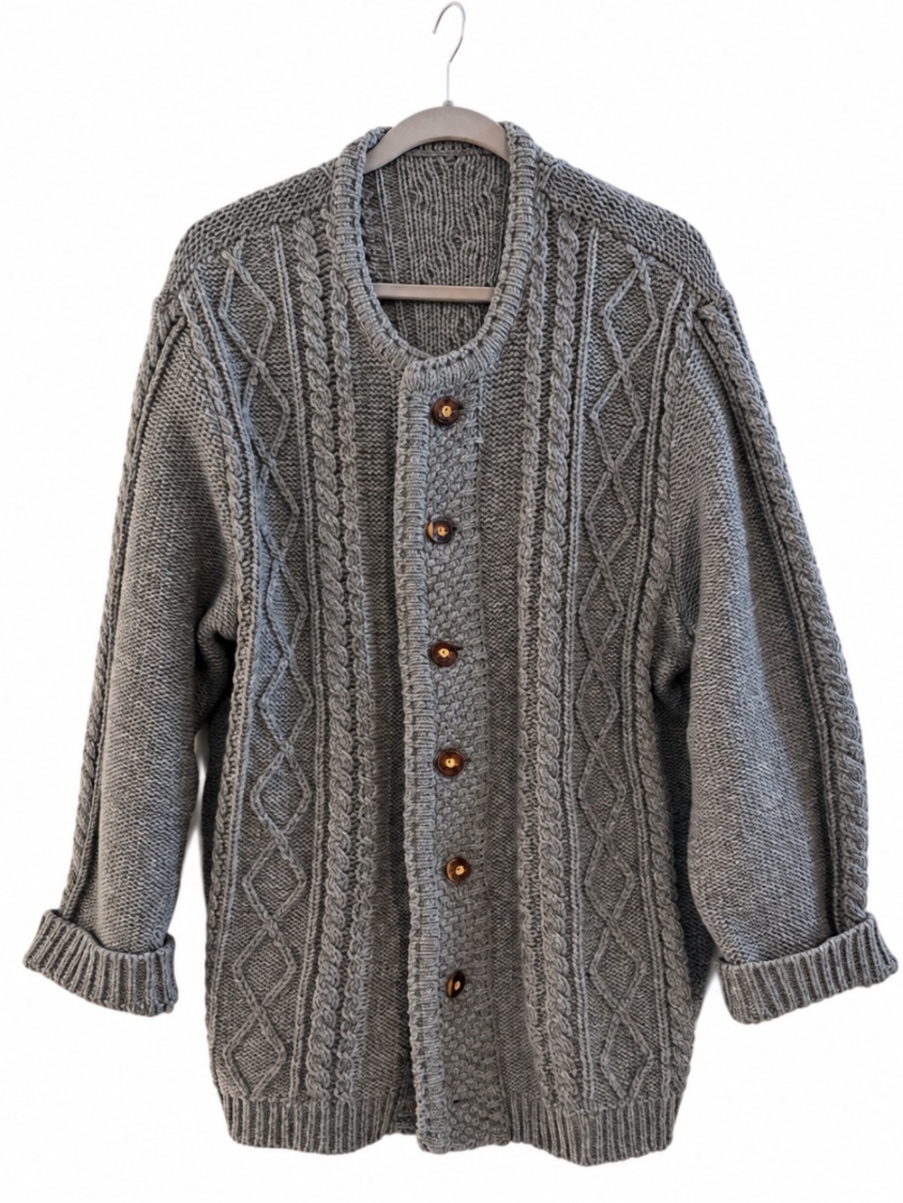 AMAZING! German Fisherman Style Cable Wool Cardigan Sweater Wood Buttons Size 58